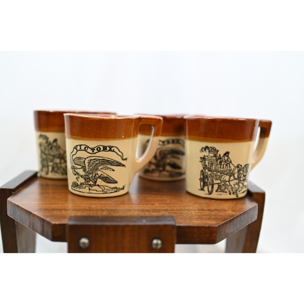 Holt Howard Brown Stoneware Mugs Set of 4 Vintage Victory Eagle Fire Carriage